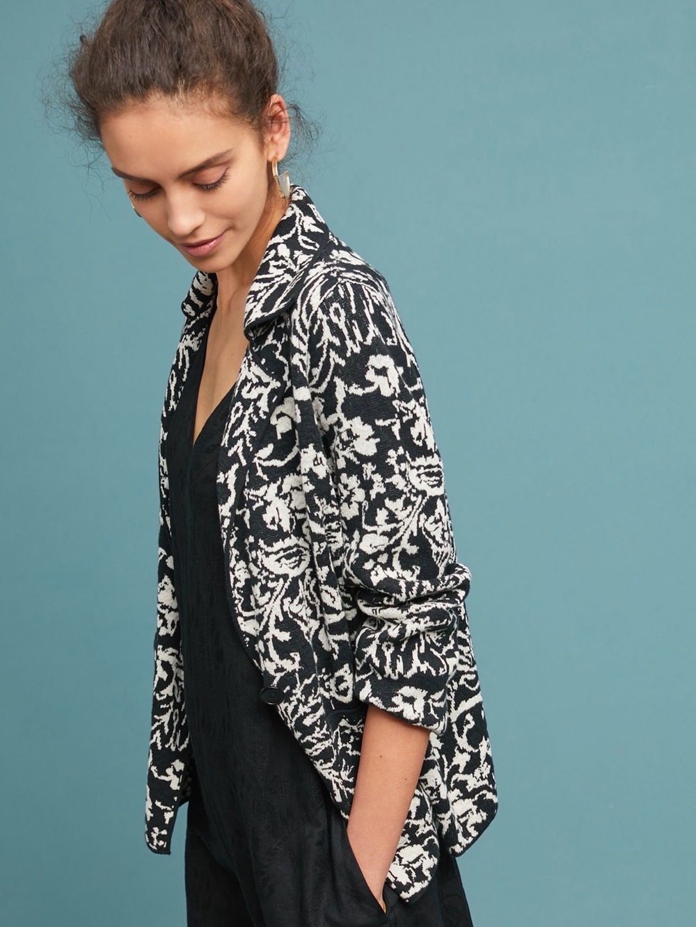 Anthropologie Black & White Floral Knit Cardigan